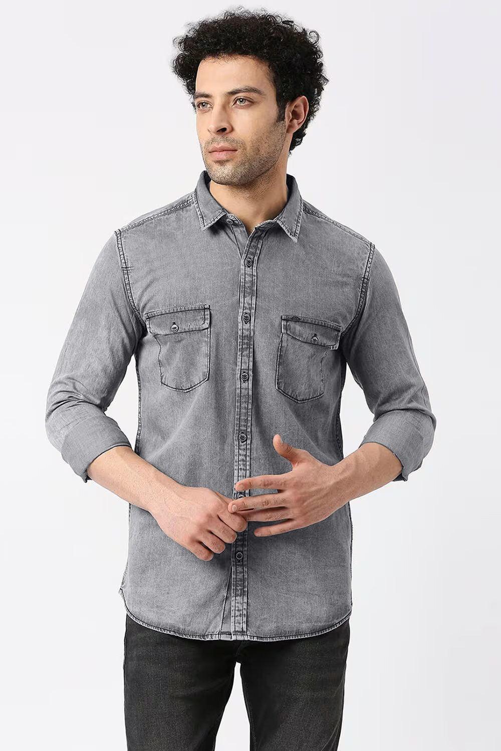 Men Gray Full Sleeves Denim Shirt - Aadhitri