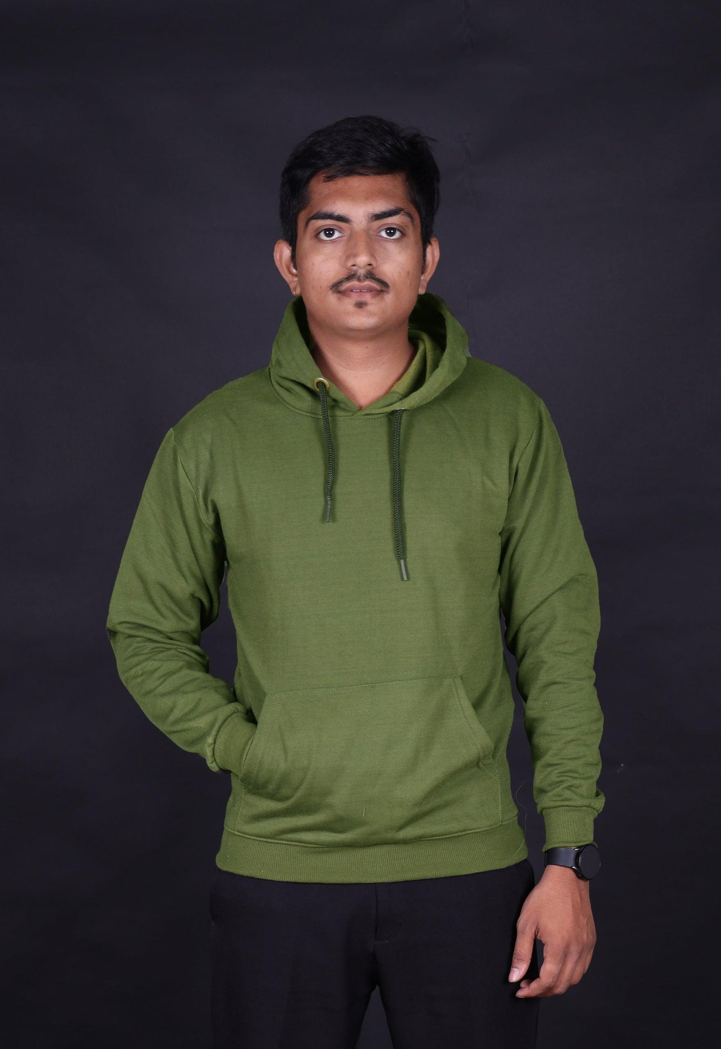 Olive Green Plain Color Trendy Hoodie - Aadhitri